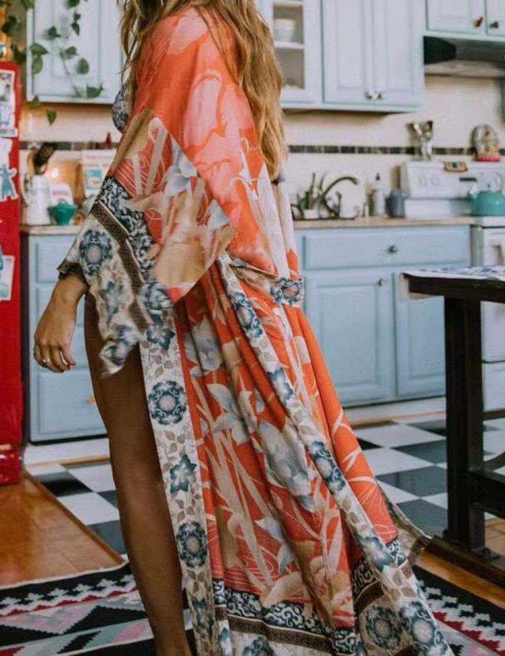 Kimono Long | Orange Fleuri