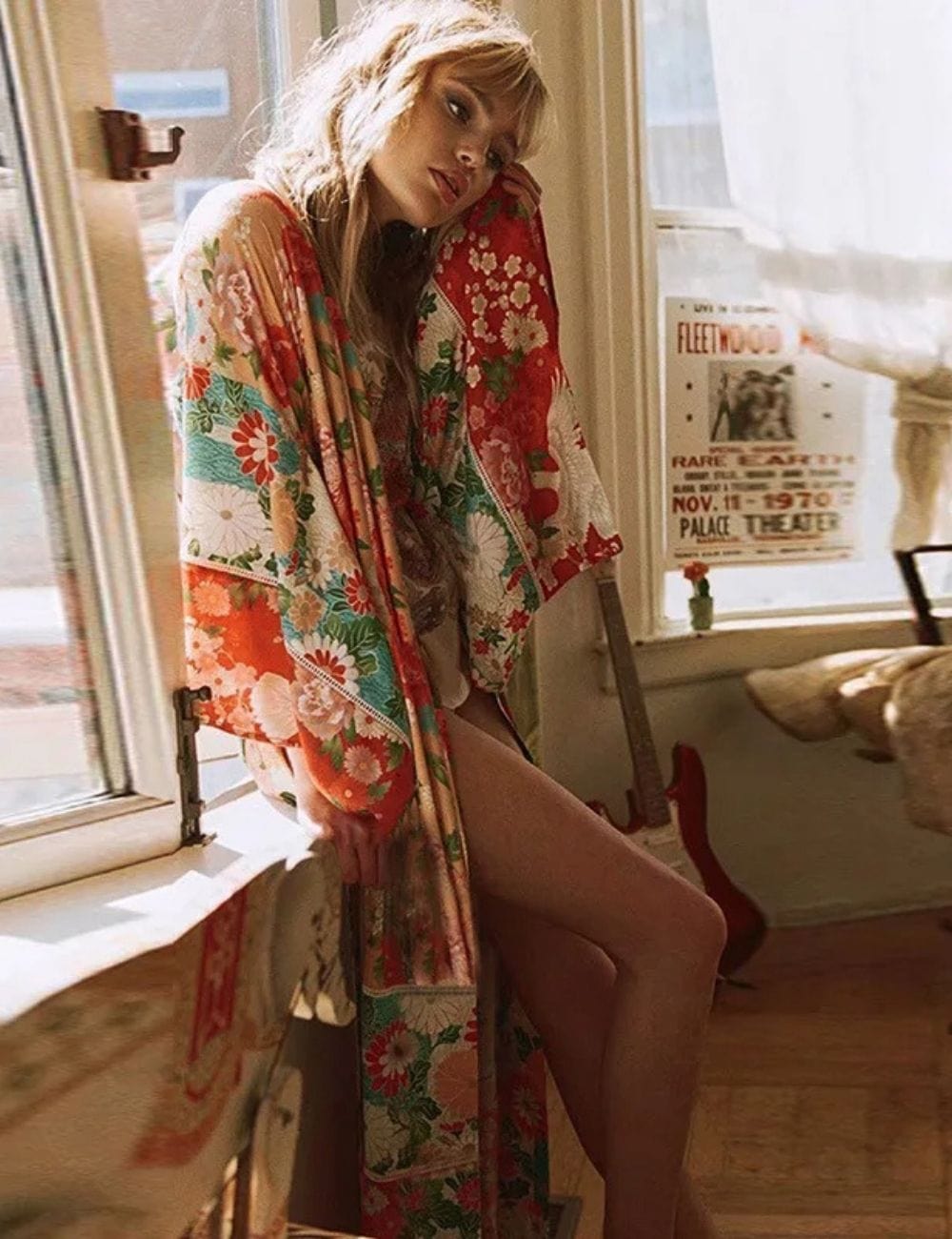 kimono long a motif fleuri