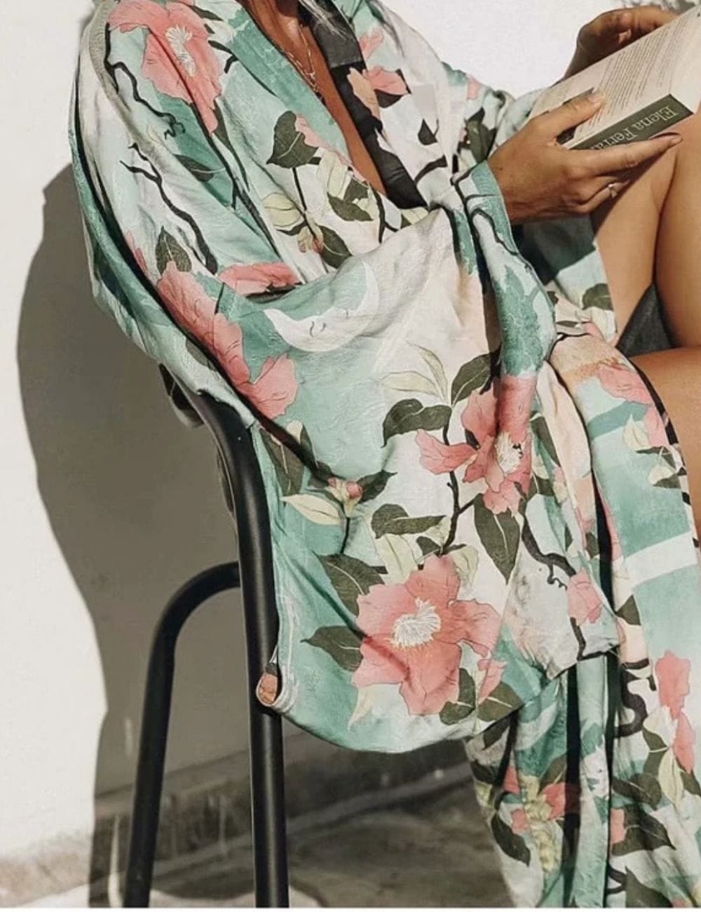 kimono long bleu fleuri